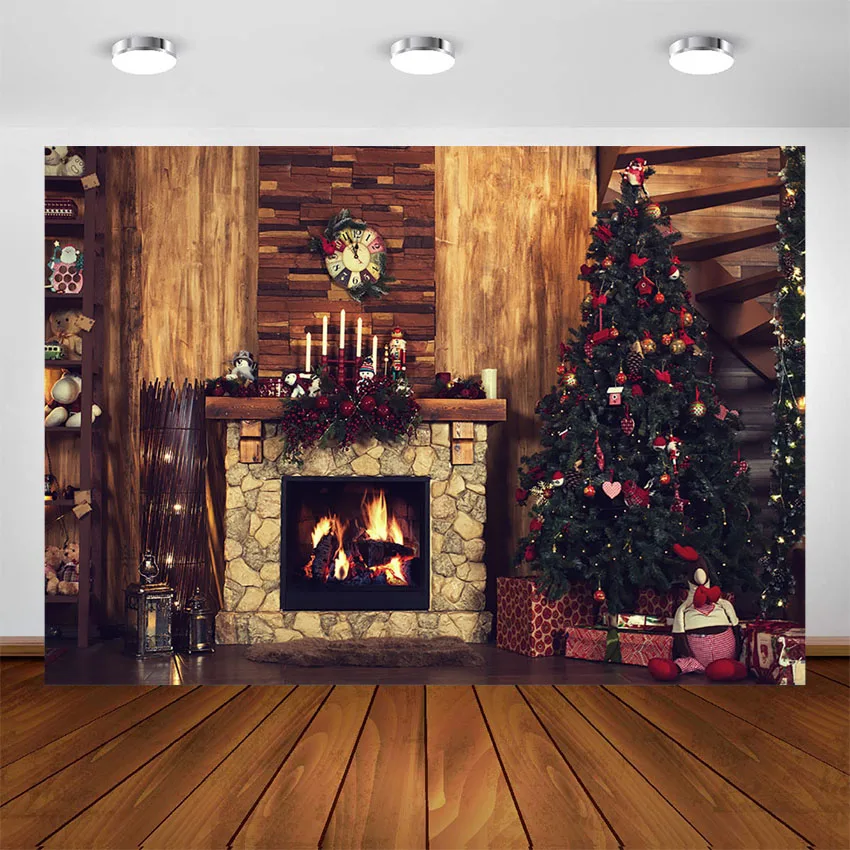 Christmas Fireplace Photography Backdrops Xmas Christmas Tree Sock Gift Wooden Decorations for Portrait Photo Studio Background