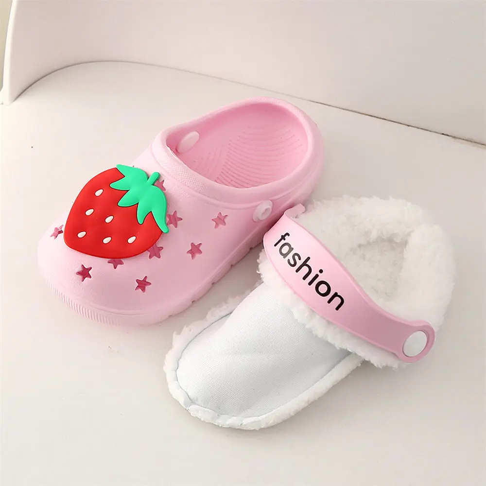 Winter Children Kids Girl Mules Warm Clogs Cute Sandals Strawberry Removable Garden Slippers Baby Toddler Shoes For Girls Boys