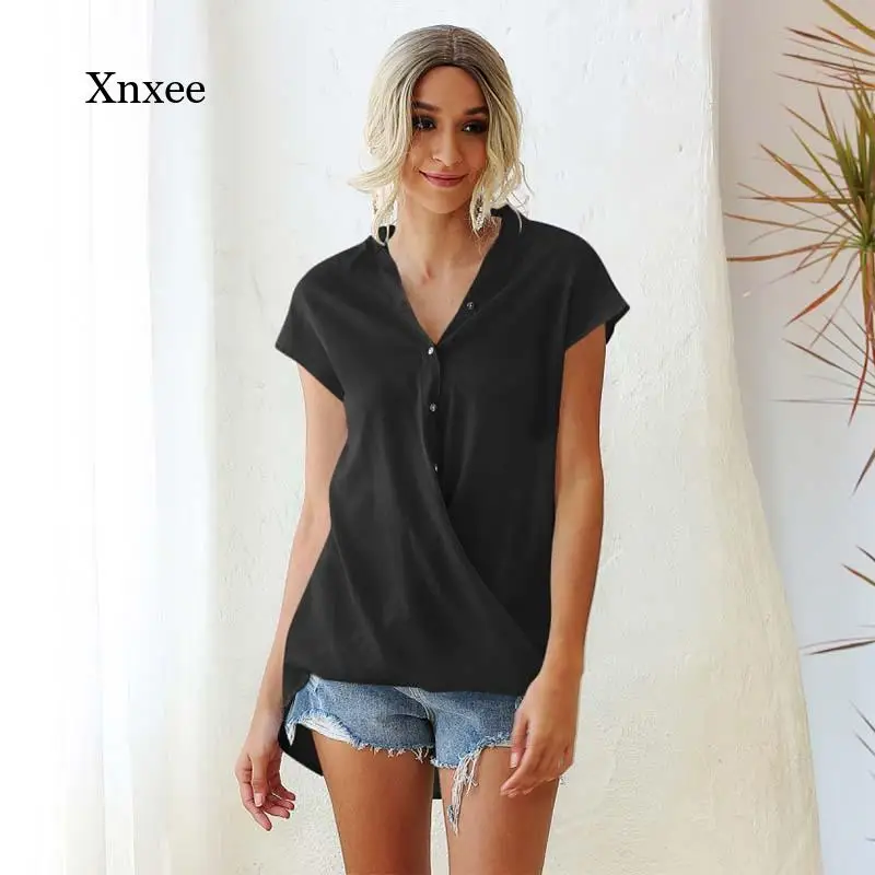 Summer Casual Blouse Women Solid Shirt Single Breasted Tops Office Lady Loose Button Short Sleeve Female Blouses Clothes Tee