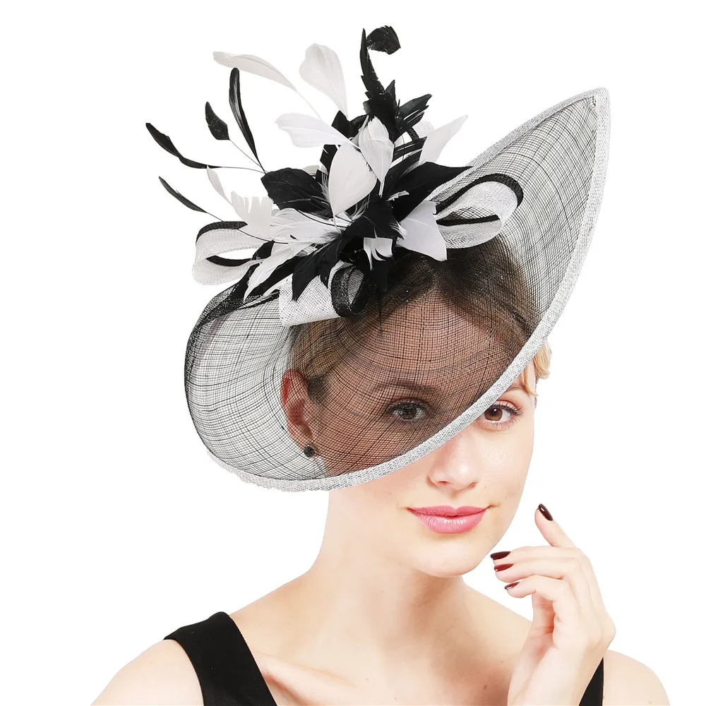 Elegante Sinamay Fascinator Hüte mit Feder blume Sinamay Trims Cocktail und Race Hüte Hochzeit Braut Kopf bedeckung mehrere Farben – Detail 7