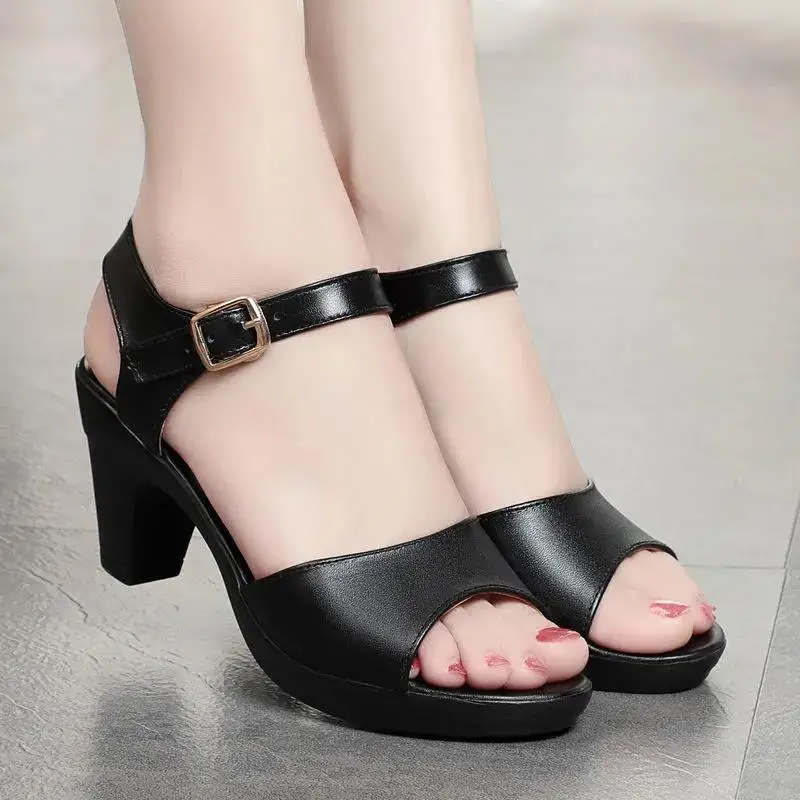 Cresfimix Women Fashion Black Comfort Summer Hollow Open Toe Square Heel Shoes Lady Spring Buckle Strap Open Toe Heels A9511