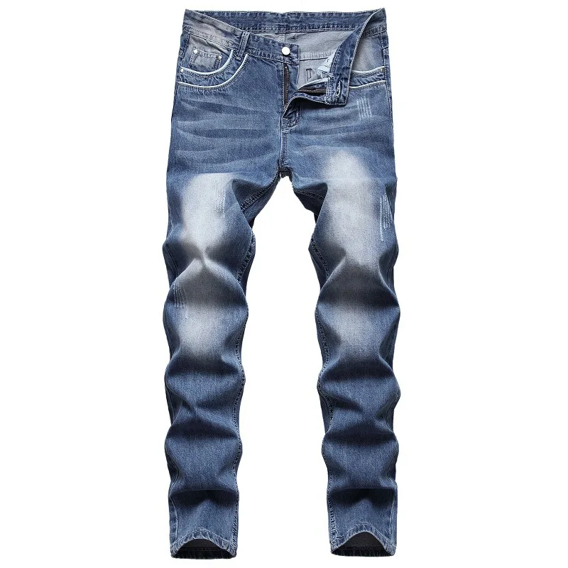 

Blue Jeans Men's Straight Slim Wash White Modern Stylish Denim Pants Fashionable Pockets Large Size Trousers