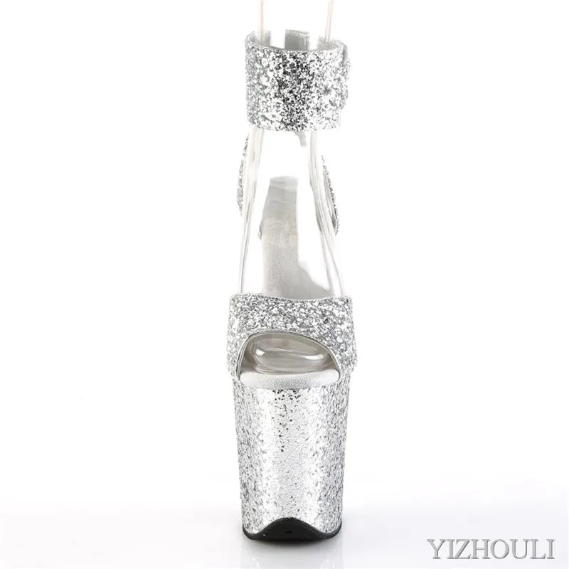 White sequins 20cm sexy high-heel glitter upper, 8in, ankle strap buckle, summer club pole dancing sandals