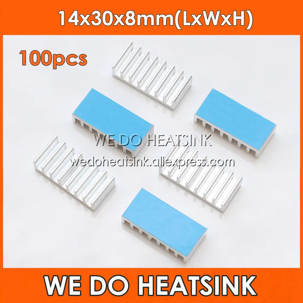 WE DO HEATSINK 100pcs 14x30x8mm Aluminum Heatsink IC CPU DIP Heatsinks With Thermally Conductive Adhesive Tape Applied