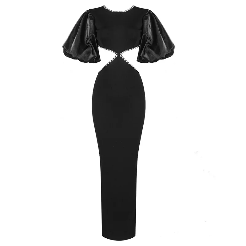 2025 Nowa letnia sukienka Czarny bufiasty rękaw Elegancka sukienka damska z koralikami Długa sukienka bandażowa Party Club Maxi Dress