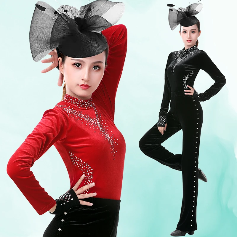 

2020 New Latin Dance Tops For Women Sexy Slim Velvet Diamond Shirt Adult Samba Rumba Performance / Practice Dance Tops DWY3225