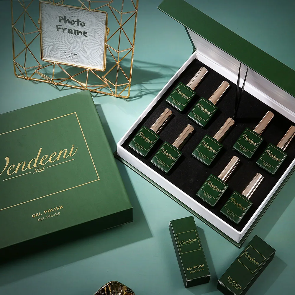 ยาทาเล็บเจลวิ้งวับ Vendeeni 15 มล. 9 สี/ชุด กลิตเตอร์ เซควินส์ เจลยูวี แอลอีดี สีสันสดใส พร้อมการ์ดสี ปราศจากสาร TPO/HEMA