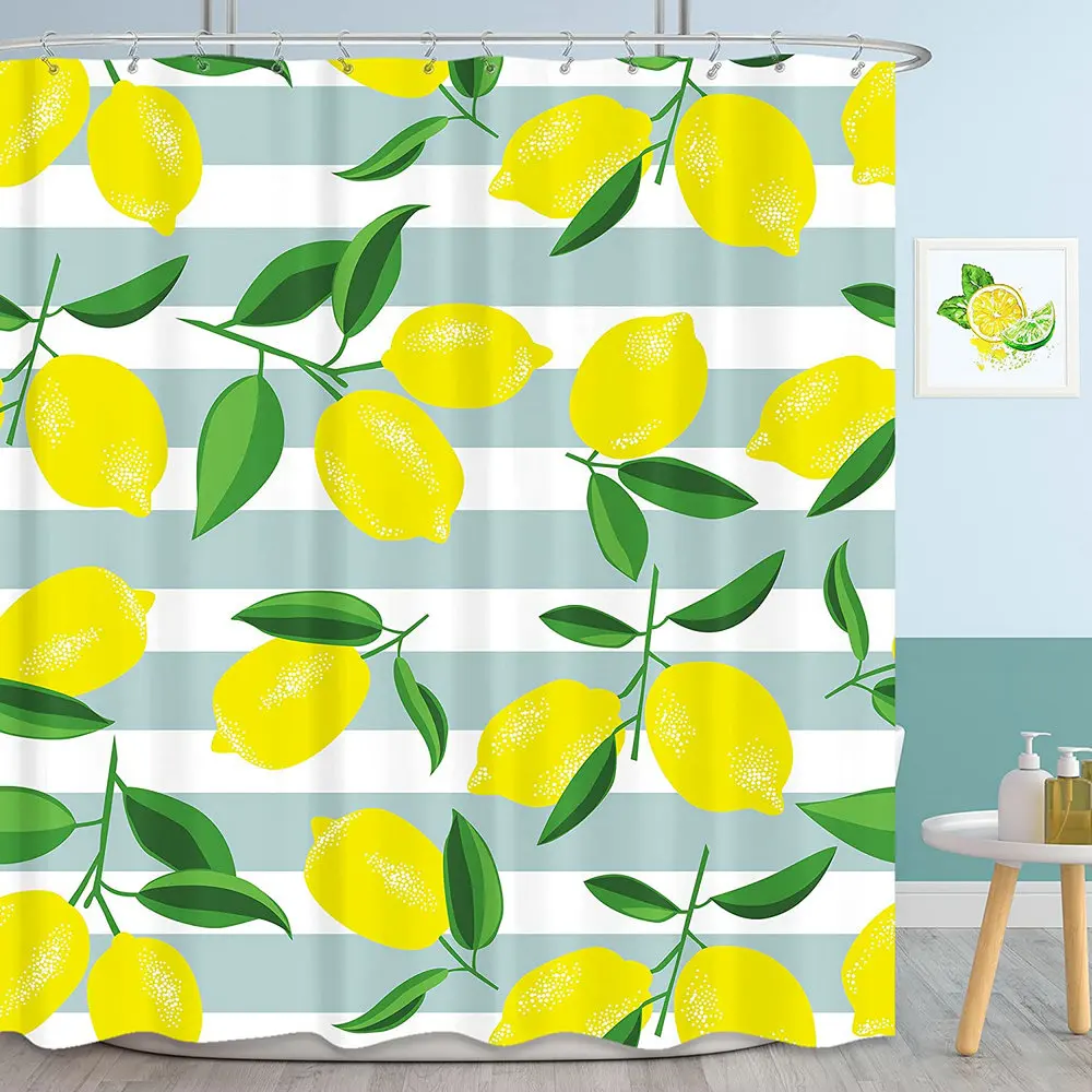 Lemon Shower Curtain Bathroom Decor Yellow Fruit Green Leaves Plant White Stripe Citrus Waterproof Polyester Screen With Hook