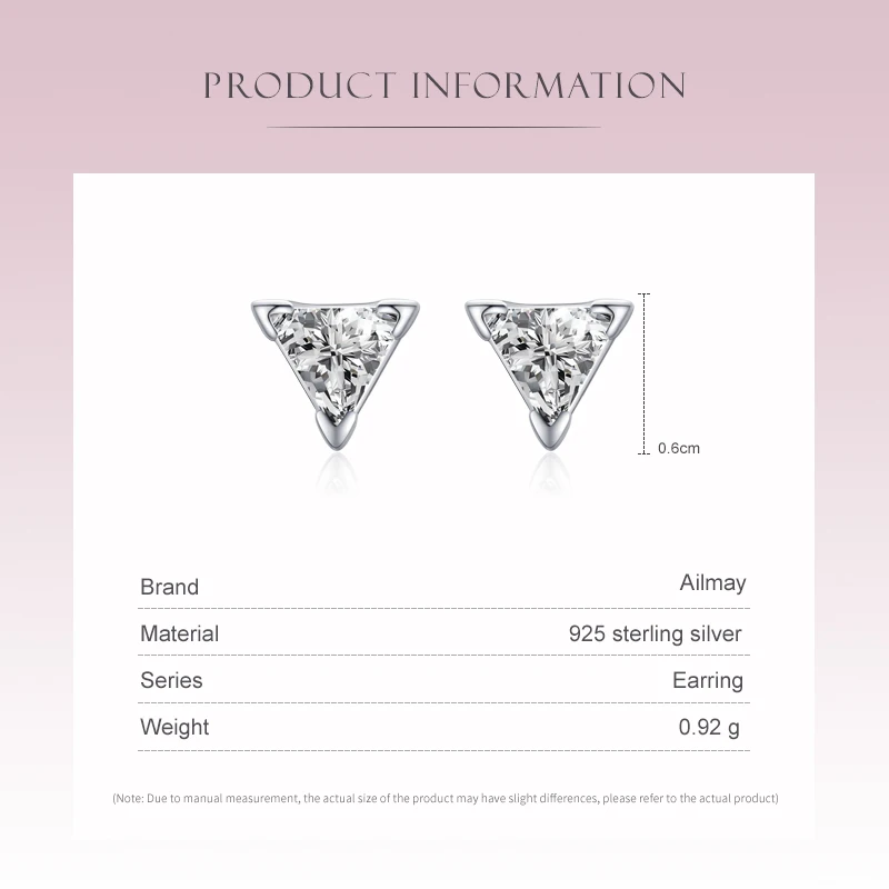 Ailmay Top Quality Real 925 Sterling Silver Simple Triangle Stud Earrings For Women Dazzling Clear Zircon Fine Jewelry
