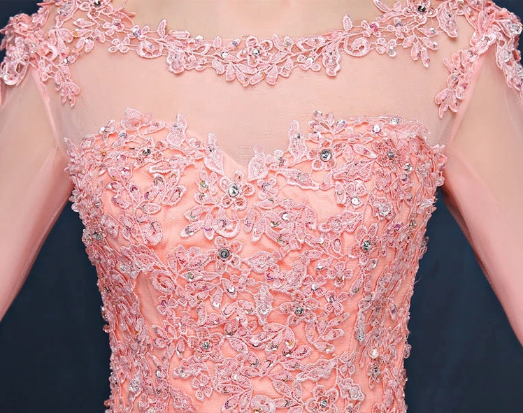 Vestido de baile de quinceañera, manga larga hasta el suelo, apliques de encaje con cuentas de cristal, dulce vestido de fiesta, rosa, 2022