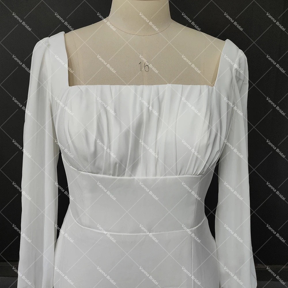 Vestido de novia minimalista de gasa con cuello cuadrado, ropa de novia con cremallera, Espalda descubierta, manga larga, abertura alta, hecho a medida, talla grande