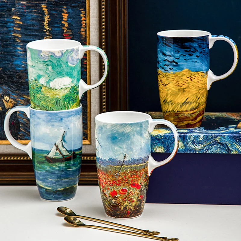 

Oil painting bone china Mug Creative Ceramic Milk Coffee Tea Cup Home With Lid Water Cup Drinkware Female Gift