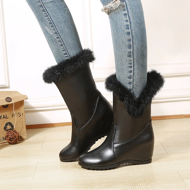 Woman Mid-Calf Fur Wedge Snow Boots 2023 Winter Warm Female Shoes Ladies Booties Zapatos De Mujer Short Boats 34 40 White Black