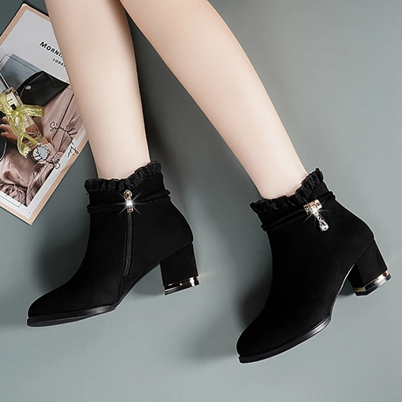 Fashion Pleated Turned-over-Edge Boots For Women 2021 Zippres Square High Heel Ankle Solid Round Toe Short Plush Female Shoes