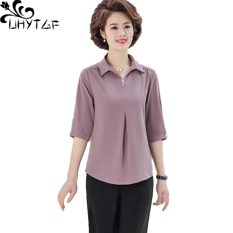 UHYTGF 5XL Big Size Blouses Womens Middle-Aged Mother Summer T Shirt Casual Female Slim Tops Pure Wild Thin Ladies Clothes 2036