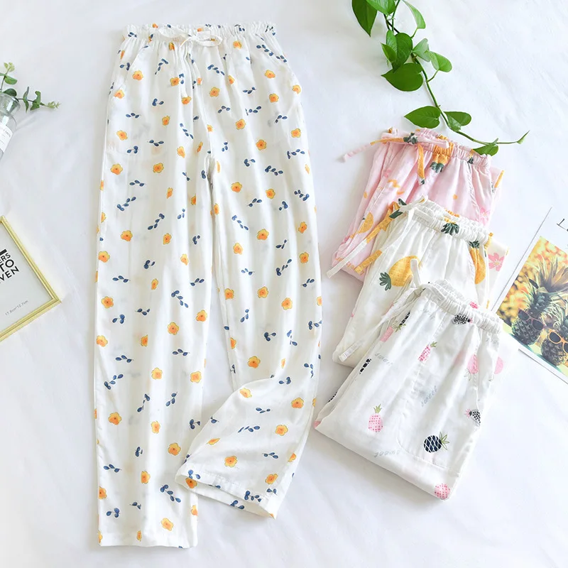 Pantalones de algodón de gasa para el hogar para mujer, ropa de dormir holgada con estampado fresco, gran oferta, verano, 100%