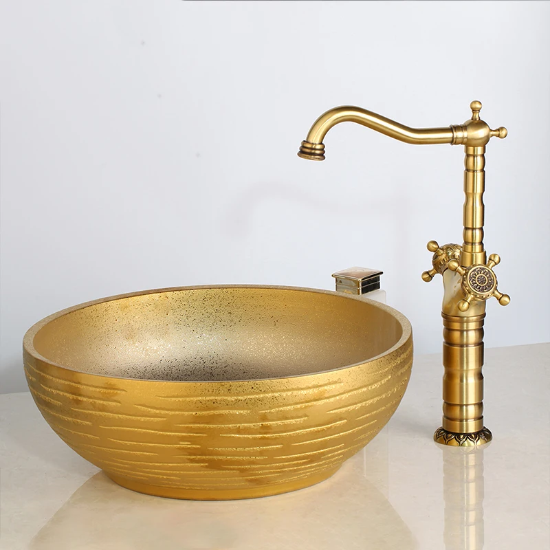 

Sink Set Bathroom Cuba Banheiro Basin With Faucet Antique Brass Bamboo Shape Tap Gold Round Basin Hot & Cold Mixer Tap