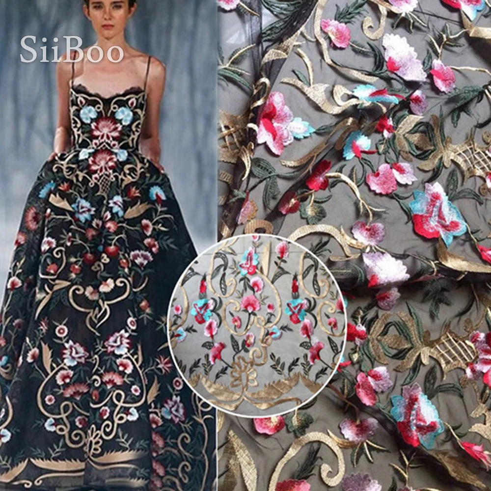 Runway luxury floral embroidery mesh lace fabric apparel for wedding party dress black apricot mesh lace tissu stoffen SP5562