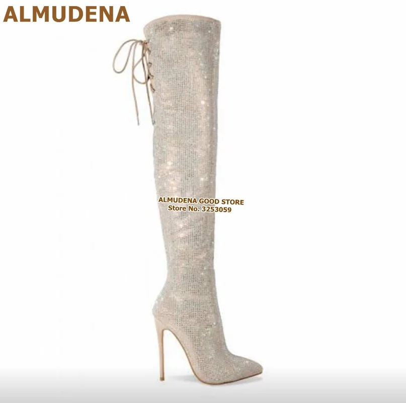 ALMUDENA Thin High Heel Lace-up Bling Bling Tall Boots Full Crystal Embellished Party Shoes Bride Pumps Charming Rhinestone Shoe