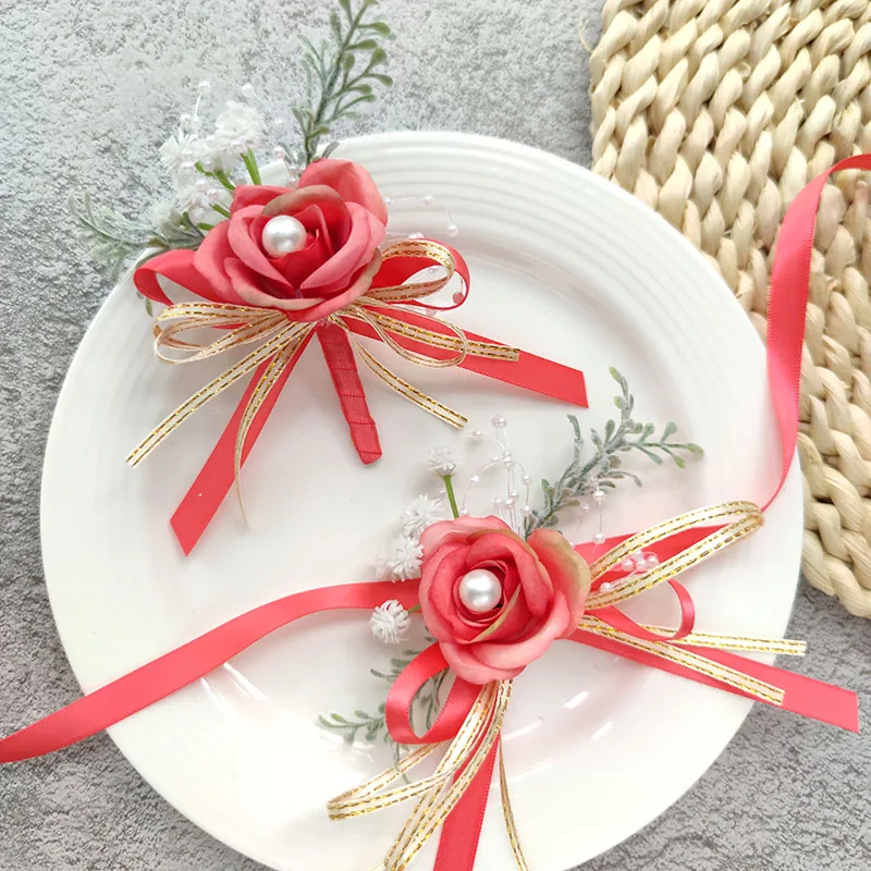 Boutonniere-pulsera de ramillete de boda, accesorios de dama de honor, perlas falsas, flores de seda, rosas, ramillete de matrimonio, traje, decoración de ojales