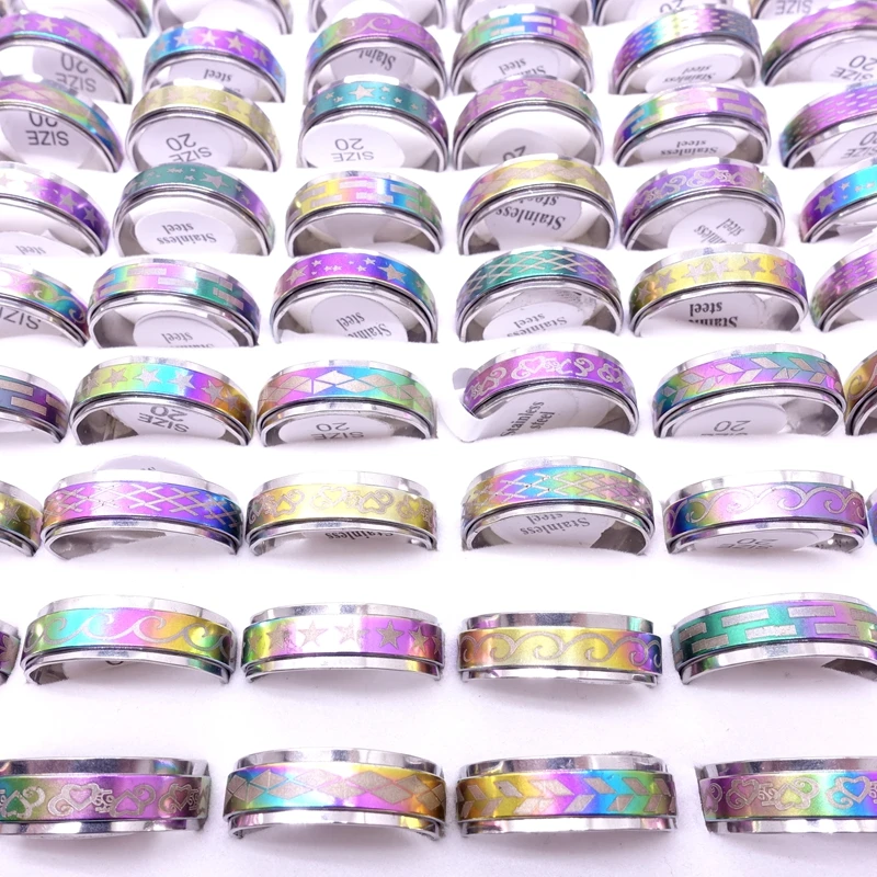 

Wholesale 50pcs/Lot Mens Womens Multicolor Stainless Steel Spinner Rings Fashion Jewelry Variety of Patterns Size 17-21mm