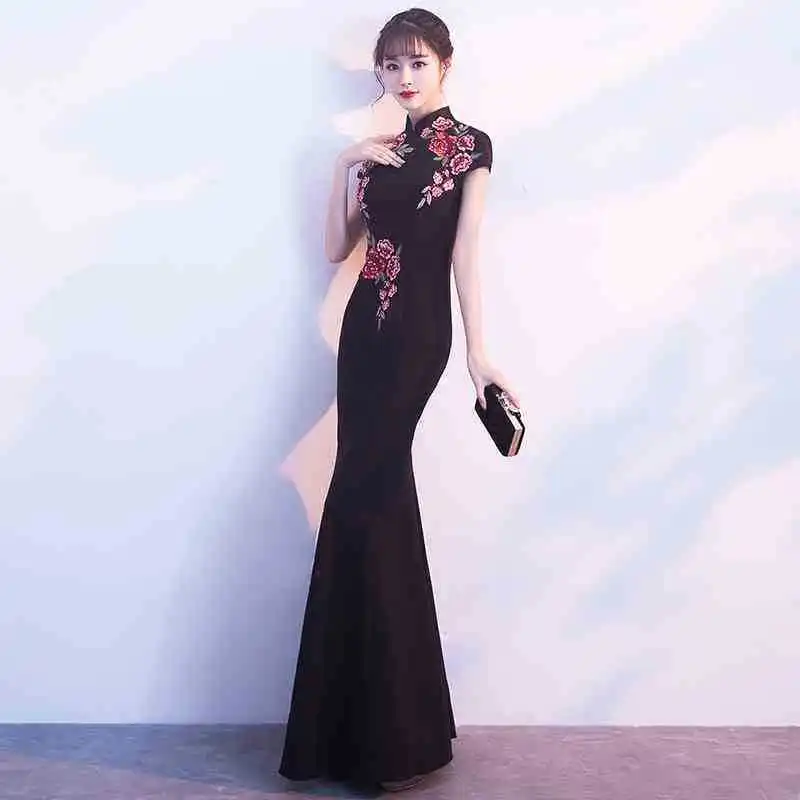 Elegant Lady Floral Qipao Sexy High Split Cheongsam Classic Mandarin Collar Chinese Dress Satin Oversize Evening Party Vestidos