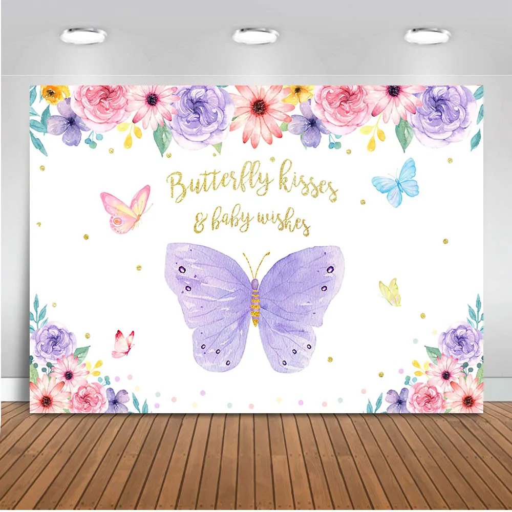 

Avezano Butterfly Kisses Backdrop Baby Wishes Floral Photo Background 7x5ft Purple Flowers Girls Baby Shower Party Decoration Su