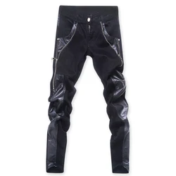 Pantalones de cuero de motocicleta con cremallera negra para hombre, pantalones de mezclilla ajustados, empalme Delgado coreano, diseñador de moda