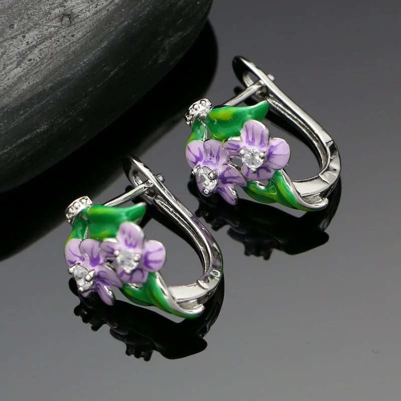 Purple Enamel Flower 925 Silver Jewelry Set Stud Earrings Ring Pendant Necklace Jewellery For Women Engagement