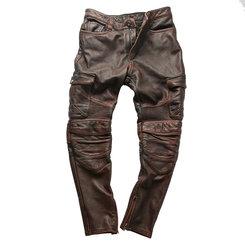 PK3 RockCanRoll Super Quality Genuine Cow Leather Motorcycle Rider Pants Vintage Stylish Cowhide Biker Trousers 4 Colours