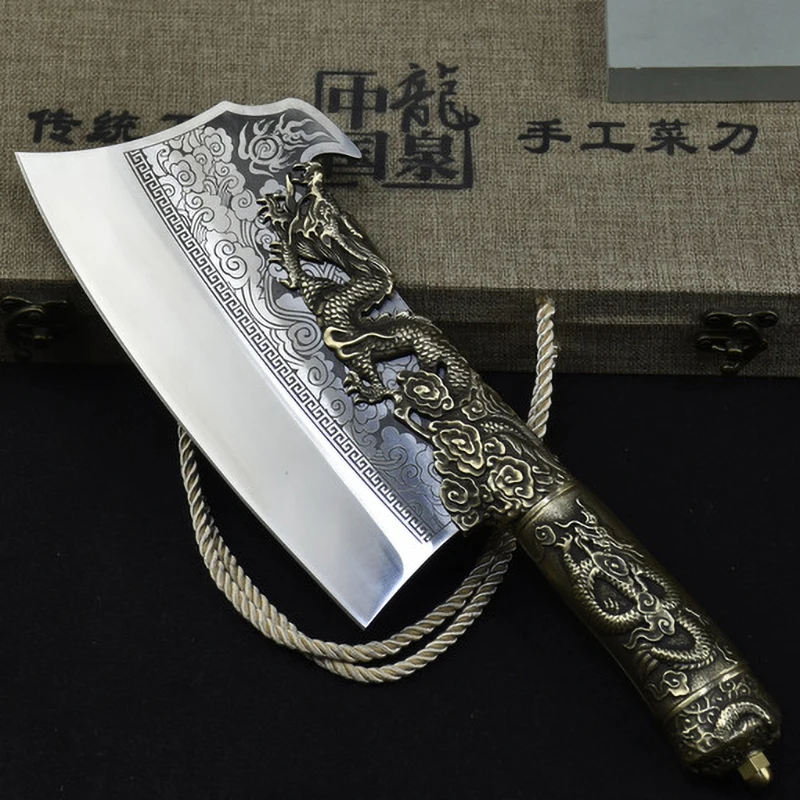 

9 Inch Big Knife Chopper Slicing Handmade Forge Longquan Kitchen Hatchet Knife Copper Dragon Decor Beautiful Knife With Patterns