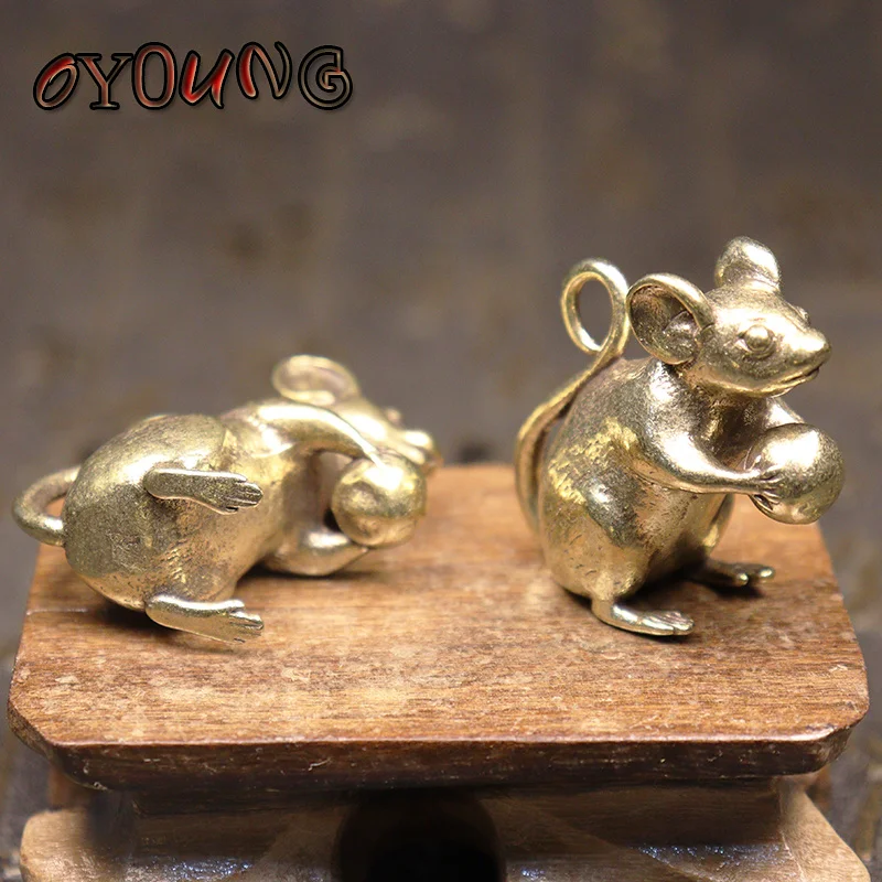 Copper Cute Mouse Peach Miniatures Figurines Tea Pet Table Ornament Crafts Brass Animal Rat Statue Home Decorations Accessories