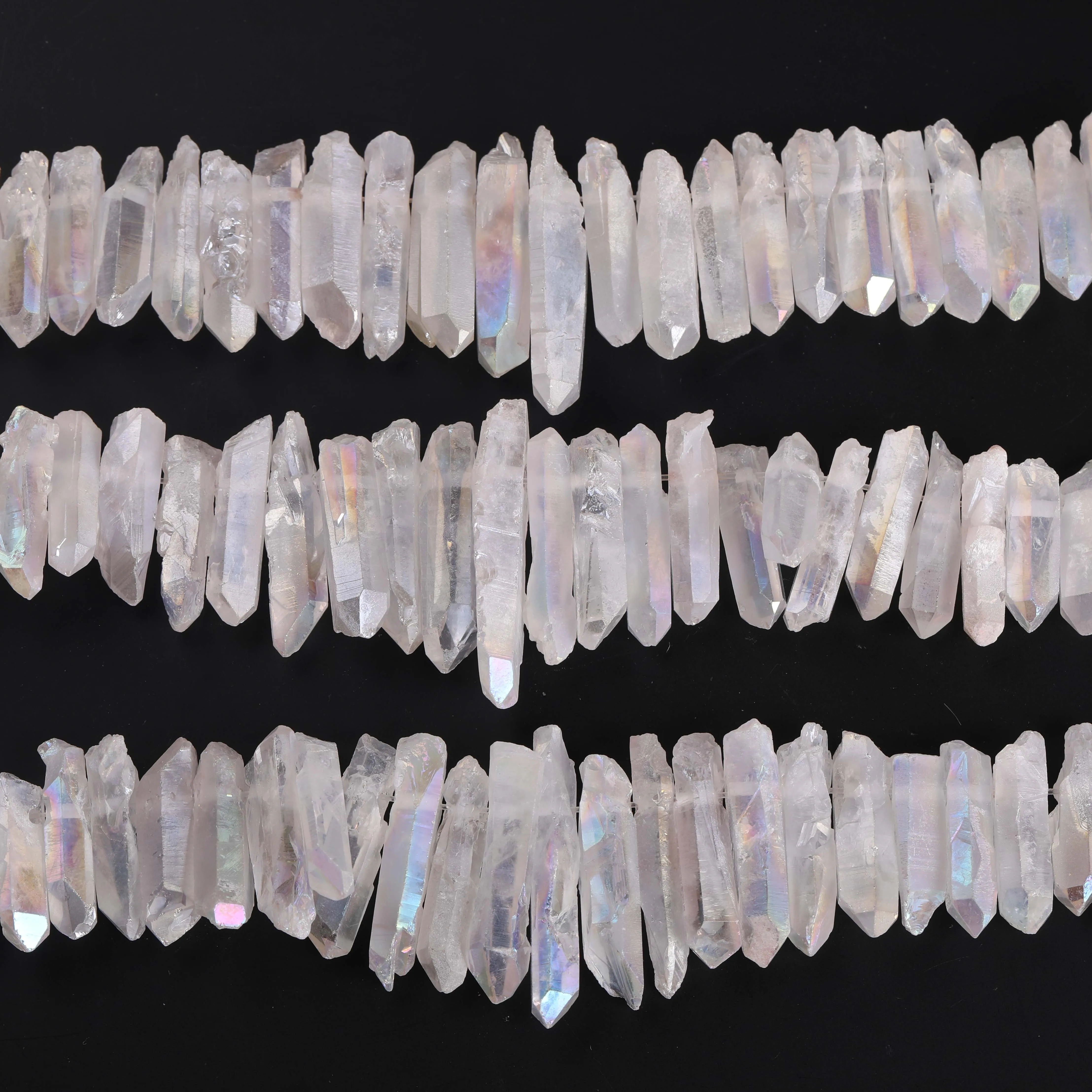 48Pcs/Strand Slab Rainbow Crystals Stick Points Beads Bulk,Drilled White Mystic Titanium Quartz Pendants