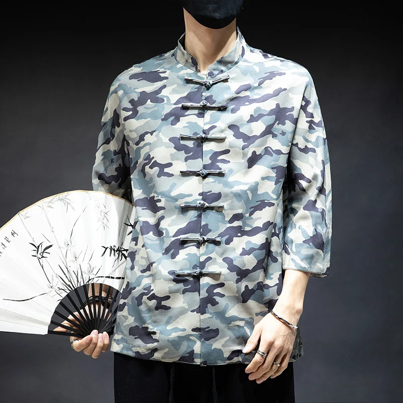 Plus Size Short Sleeve Casual Camouflage Tang Shirts Kung Fu Tai Chi Master Costume Tops Tradictional Chinese Clothing CN-141