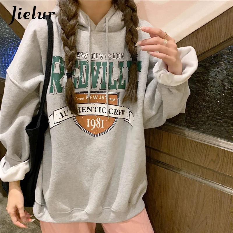 Jielur Korean Fashion Hoodies for Women Hooded Warm Fleece Gray White Sweatshirt Female Winter Loose Leisure M-XL Size Print Top