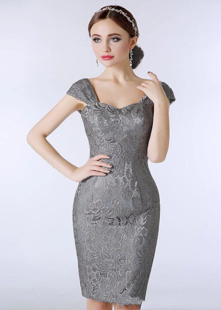 Silver Grey Lace Mother Of The Bride Dresses Knee Length Sheath With Capped Short Sleeves Custom Made Women Evening Dresses