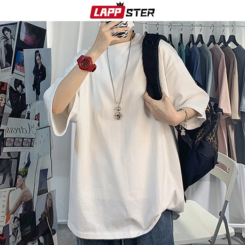 LAPPSTER Men Oversized Streetwear Cotton Colorful T Shirts 2024 Summer Mens Japanese Fashions Harajuku T-Shirt Male Vintage Tees