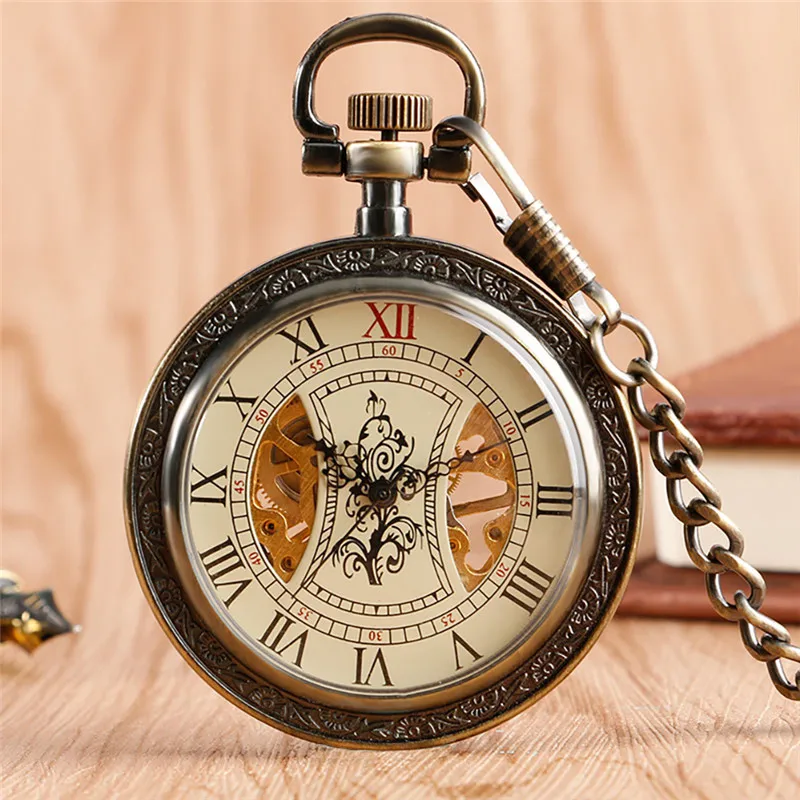 Klassische Unisex mechanische Handaufzug Skelett Taschenuhr römische Ziffer Zifferblatt Anhänger Anhänger Kette offenes Zifferblatt Uhr