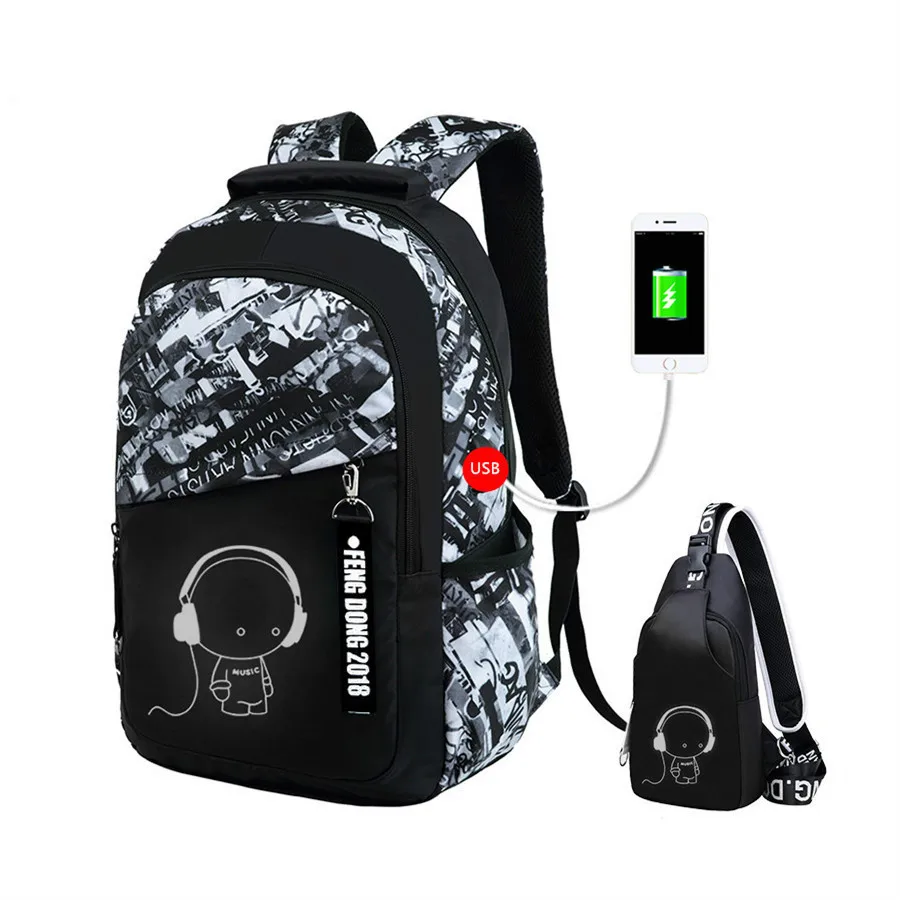 

Luminous school bags waterproof large backpack for teenagers bagpack glowing school backpack for boy student chest bag set