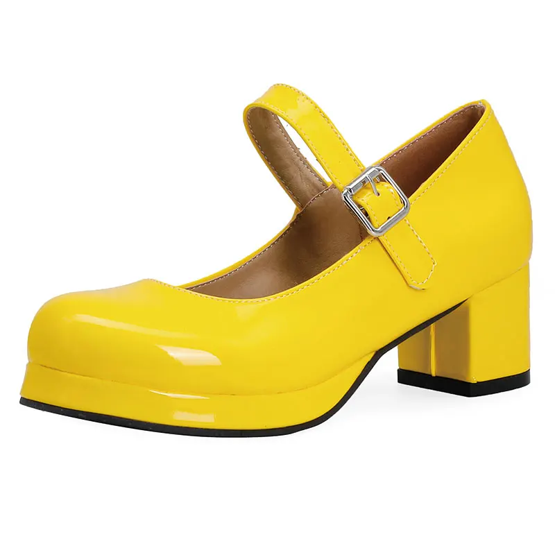 Sgesvier 2021 Spring Women Buckle Comfortable Platform Thick High Heel Pumps Fashion Sweet Dress Shoes Yellow White Red Size 48