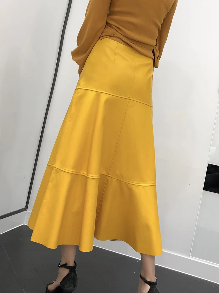 Women Genuine Leather 80 CM Long Skirt Female French Elegant Stitching Super Long Flared Saia Longa Mujer Yellow Umbrella Jupe