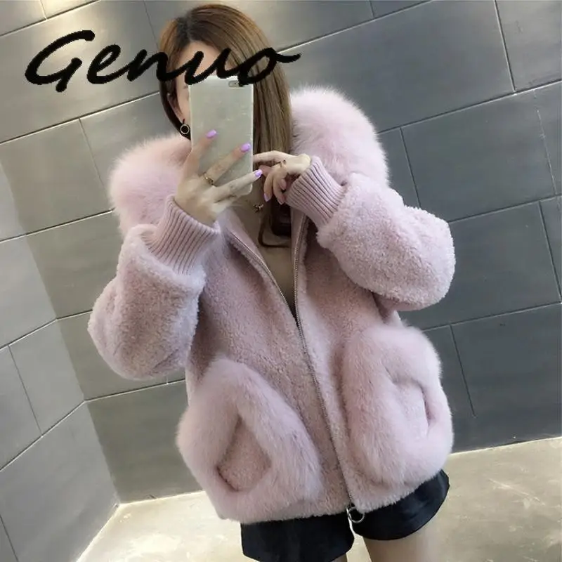 Genuo Nieuwe Hoge Kwaliteit Warm Nieuwste Winter Vrouwelijke Schapenvacht Jassen Pure Kleur Vos Kragen Faux Fur Bont Grote Werven Kasjmier jas