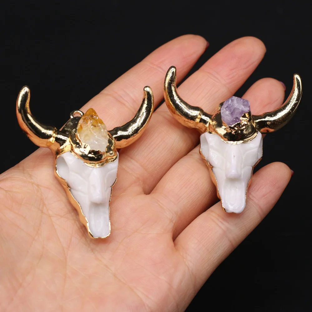 Acrylic Bull Head Pendant Citrines Charm Amethysts Pendant for DIY Necklace Earring Jewelry Making Jewelry Gift Size 47x47mm