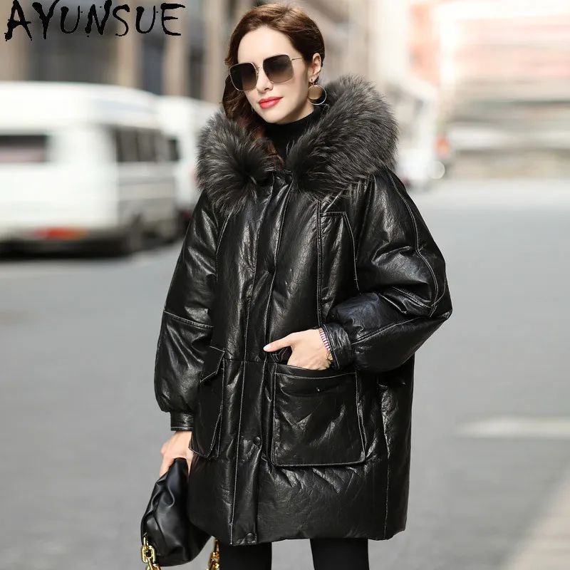 AYUNSUE 2020 Women's Leather Jacket Real Cowhide Coat Female 90% White Duck Down Jackets Raccoon Dog Fur Collar Cuero Genuino 78