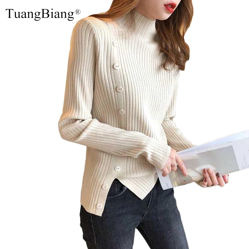 Autumn Spring Full sleeve Button Turtleneck Ladies Pullovers 2022 elastic Slim Ladies Jumpers Women Soft Wool Split hem sweaters