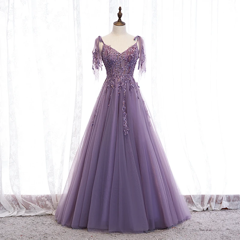 Vestido de noche con tirantes finos para mujer, traje morado con cuello en V profundo, línea A, largo hasta el suelo, Espalda descubierta, apliques,