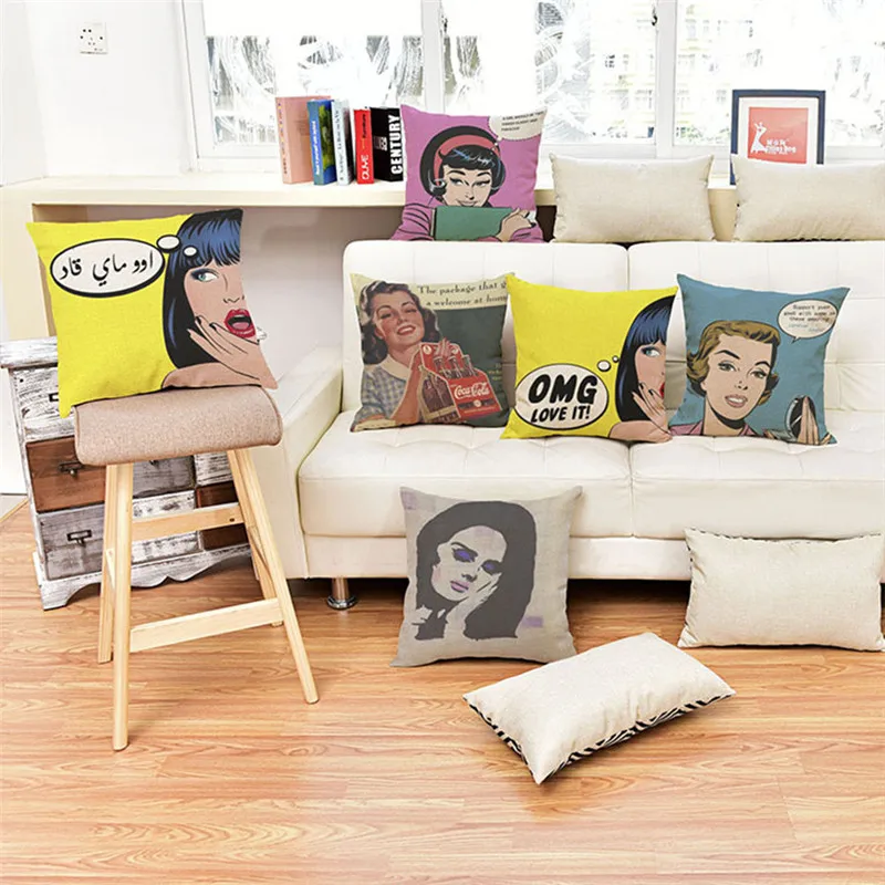 American POP Art Fashion Sexy Girl Woman Vintage Style Sofa Cushion Pillowcase Cotton Linen Home Decorative Throw Pillow Cojines