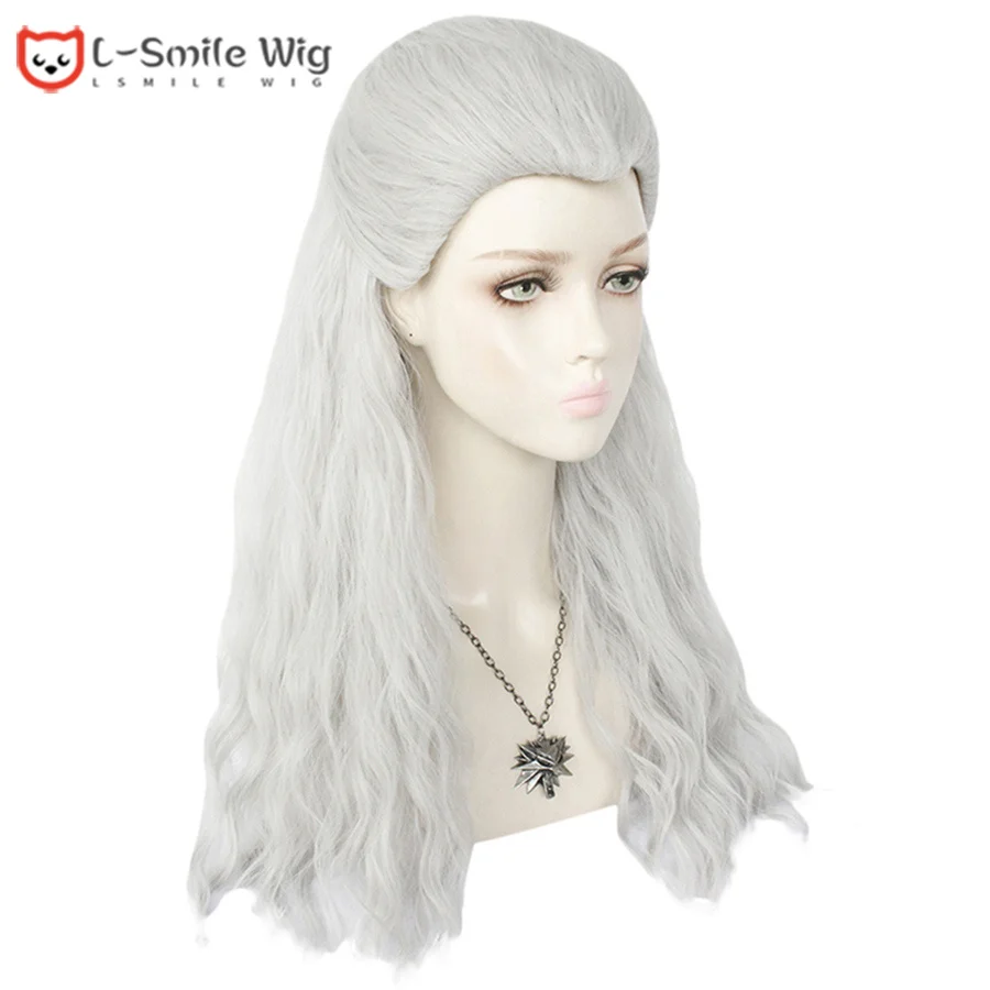 Geralt of Rivia Cosplay Wig White Slivery Straight Synthetic Hair Wigs for Men Party Novel Game Costume Halloween + Wig Cap