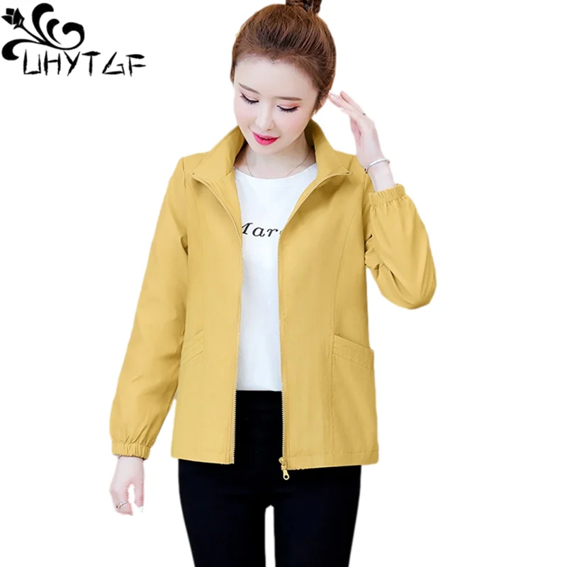 UHYTGF Womens Spring Autumn Jacket Pure Color Wild Casual Female Short Tops Outerwear Fashion Zipper Thin 3XL Big Size Coat 2029