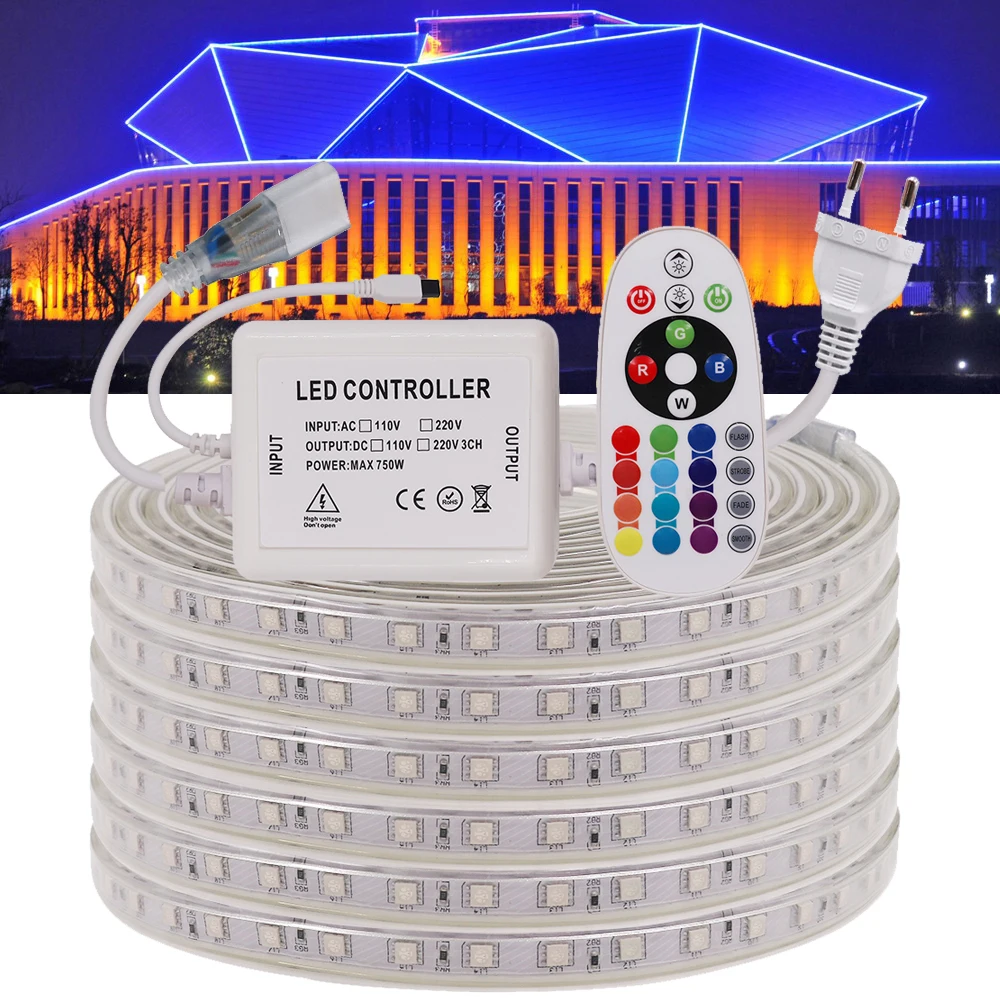 방수 LED 스트립 EU 220V 240V 야외 장식 RGB/화이트/따뜻한 화이트 SMD 5050 60leds/m 유연한 테이프 LED 라이트 램프